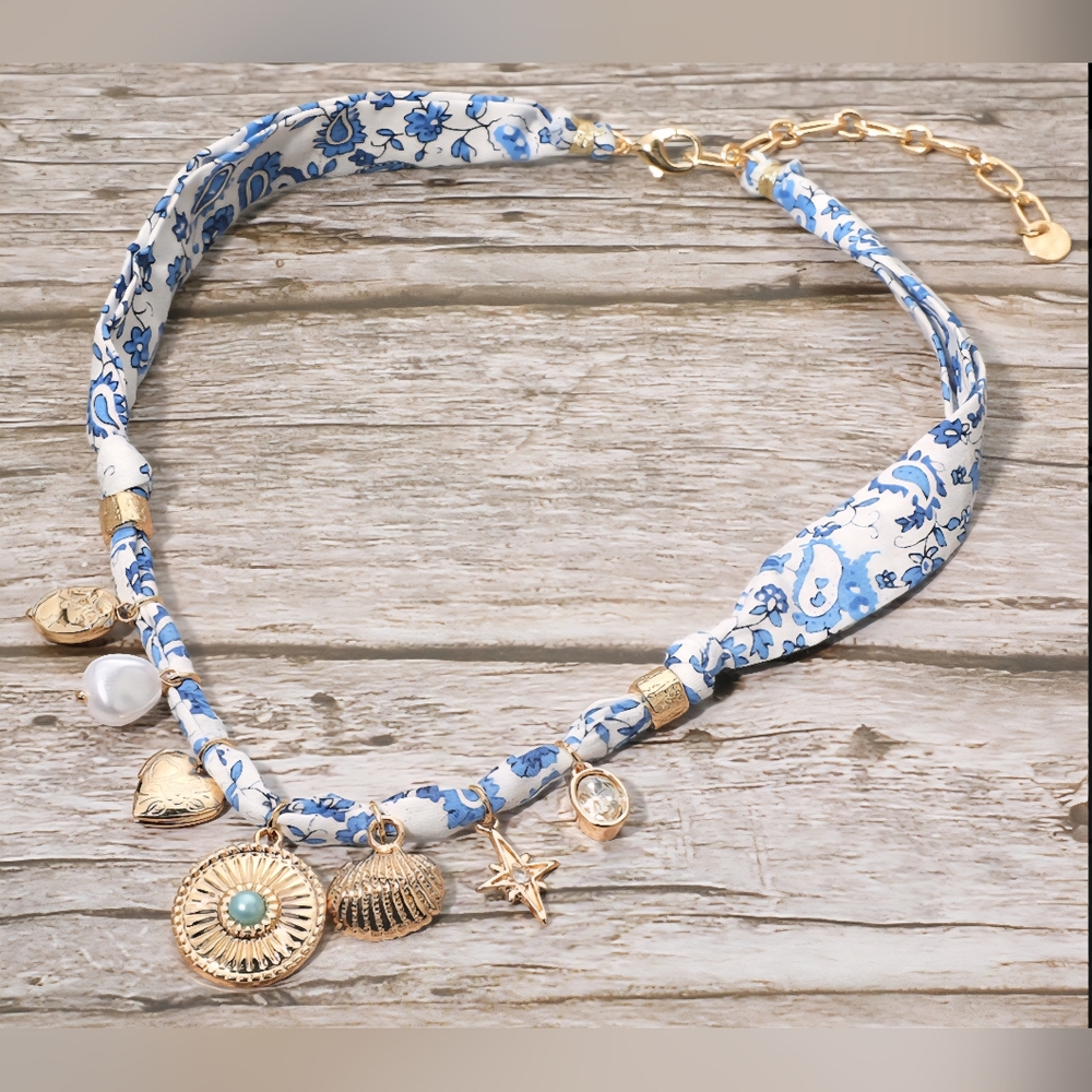 Boho Disc Sea Shell Heart Locket Pearl Star Charm Fabric Necklace
